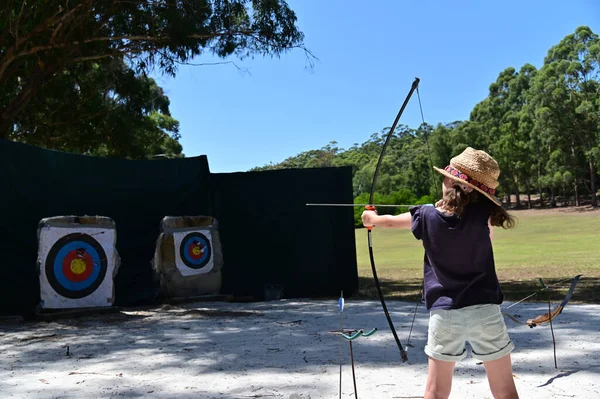 Side View Young Girl Female Age Archer Aiming Target — Stock Photo, Image