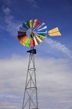 Colorful wind mill isolated on blue sky in the outback of Australia. clipart