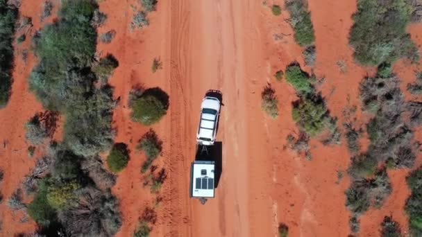 Aerial Landscape Drone View 4Wd Vehicle Towing Road Caravan Driving — Stock Video