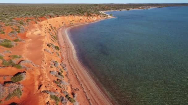 Flying Aerial Drone View Coastal Sea Shore Red Cliffs Turquoise — Stockvideo