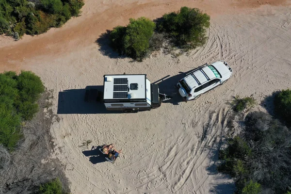 Australian Couple Relaxing Beach Holiday 4Wd Vehicle Caravan Sand Dune — Photo