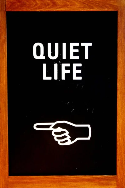 Human Hand Pointing Direction Quiet Life Saying Isolated Black Board — Stock Photo, Image