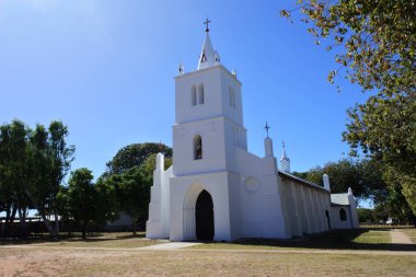 BROOME, WA - JULY 08 2022:Beagle Bay's mother of pearl church built entirely by hands of local Aboriginal people and monks who started the Catholic mission in the late 1800s.