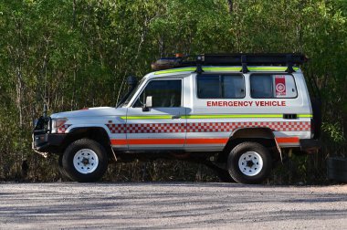 DARWIN,WA - AUG 22 2022:Off road Emergency Vehicle of St John NT, especially designed and equipped to provide transportation for patients with complex transport requirements in the Northern Territory.