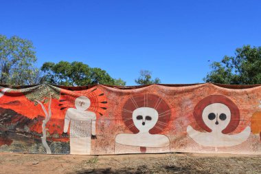 DERBY - JULY 25 2022:Indigenous Australian Art Wandjina Style.The Wandjina are cloud and rain spirits from the mythology  of Australian Aboriginal tribes from the Kimberley region of Western Australia