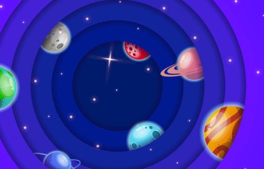 3D kağıt kesimli yıldızlı uzay. Gezegenlerle dolu bir galaksi. Renkli astronomi. Hacim uzayı. Evrende seyahat için ruh hali.