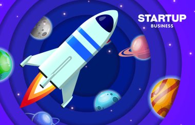 Başlangıç arkaplanı. Uzaya fırlatılan bir roket. Piyasadaki bir iş ürününün tasviri.  