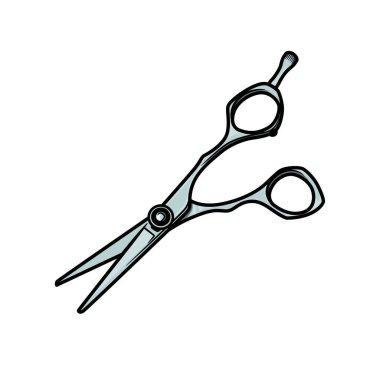 Beyaz arka planda izole edilmiş saç kesmek için demir makas. Mürekkep el çizimi biçiminde resim.