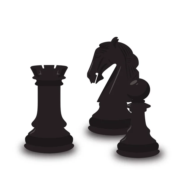 Three Black Chess Pieces Isolated White Background — Stock Vector