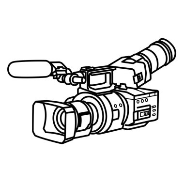 Profesyonel video ya da film çekmek için kamera. Mikrofonlu profesyonel kamera. Beyaz arka planda izole edilmiş. Satır biçimi.