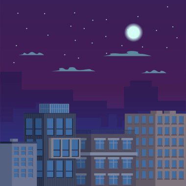 Sıraya dizilmiş binaları olan bir gece şehri. Gökyüzünde yıldızlı bir ay var. Uyuyan bir şehrin gece atmosferi