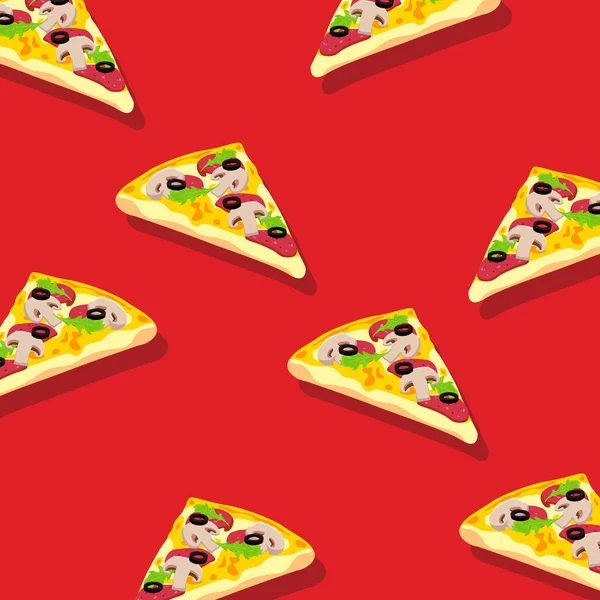 Ein Muster Von Pizzascheiben Auf Rotem Hintergrund Fast Food Background — Stockvektor