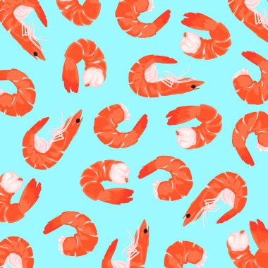 Vektör deniz ürünleri modeli: mavi arkaplanda pembe karidesler. Komik çocuk dokusu. Denizci nefis dekorasyonu.