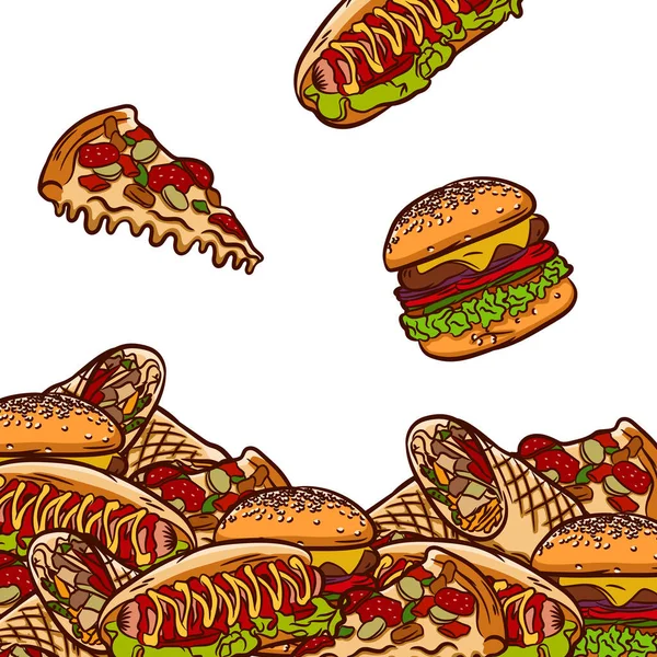 Tepeden Tırnağa Yemek Fast Food Karikatür Çizimi Yaratıcı Sanat Geçmişi — Stok Vektör