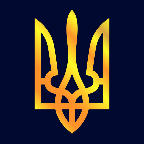 Coat of arms of Ukraine in gold color isolated on a dark blue background.Sign of freedom of Ukraine