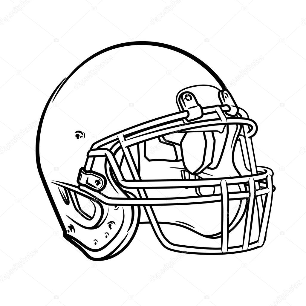 Helmet for American soccer.Sporty mood.Isolated on white background.Illustration in ink hand drawn style.