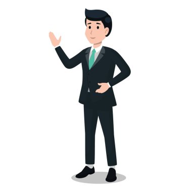 Sağ elini kaldırmış bir iş adamı karakteri. Beyaz arka planda izole edilmiş.