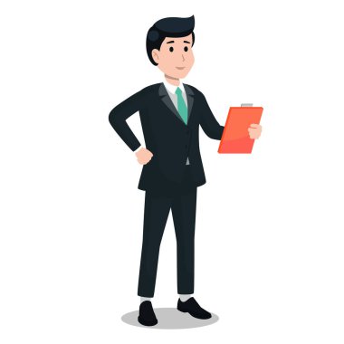 Tabletli ve eli yanında olan bir iş adamı. Beyaz arka planda izole edilmiş. Çizelgeyi takip eden iş adamı karakteri.