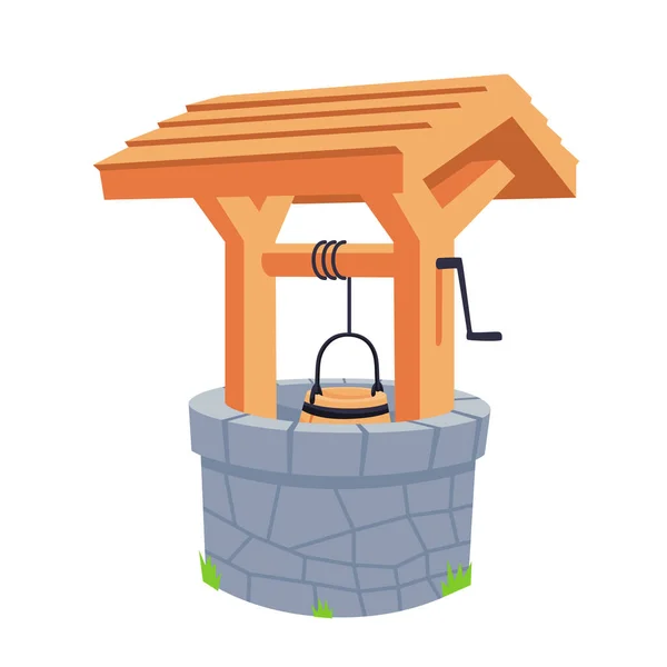 Rustikaler Brunnen Mit Holzdach Und Steinmauer Vereinzelt Auf Weißem Hintergrund — Stockvektor