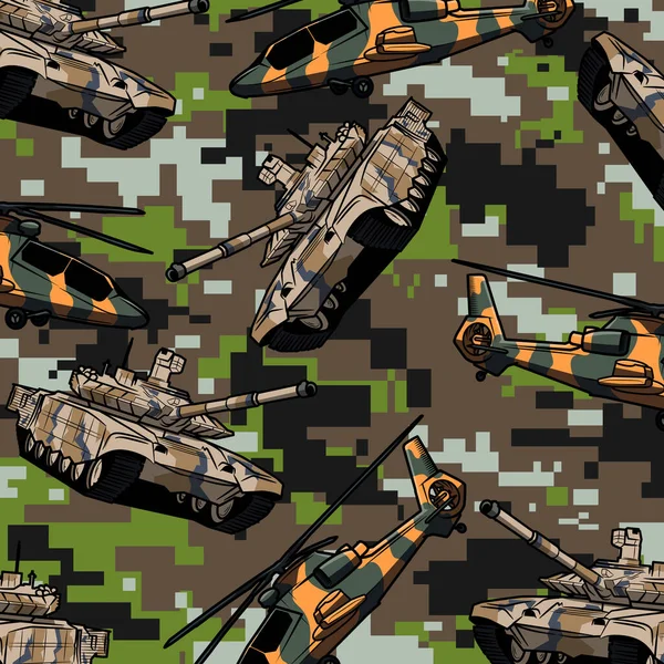 Pattern Military Equipment Background Pixel Camouflage Military Camouflage Tanks Helicopters — Stock Vector