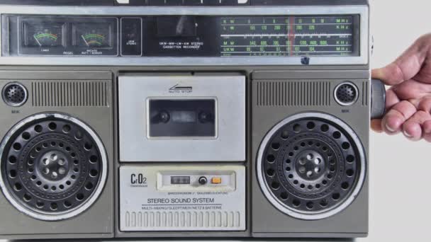 Vintage Cassette Player Searches Hand Radio Channel — Stock Video