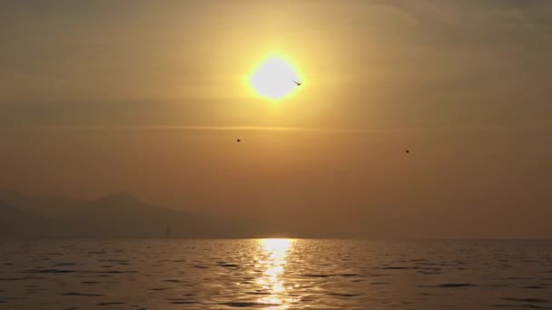 黄霧の秋海の夕日 海の上の太陽の光 — ストック動画