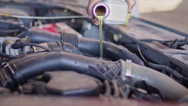 Muy Bonito Coche Mecánico Verter Aceite Nuevo Filmación Del Motor — Vídeo de stock