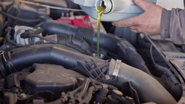 Carro Muito Bom Mecânico Derramando Novo Óleo Para Filmagem Motor — Vídeo de Stock