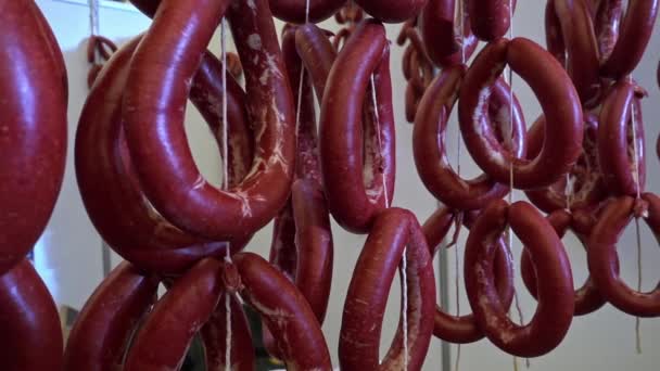 将有机香肠绑在供市场发酵用的绳子上 — 图库视频影像