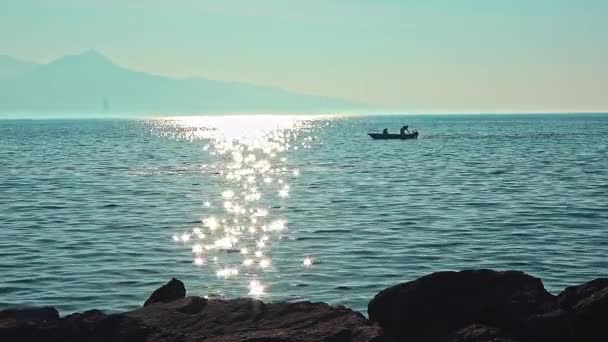 Рибний Човен Плаває Узбережжі Другій Половині Дня Sun Sparkle — стокове відео
