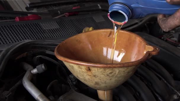 Заполнение Бутылки Масла Двигатель Автомобиля — стоковое видео