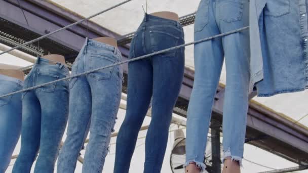 Denim Jeans Hanging High Bazaar Market Footage — стоковое видео