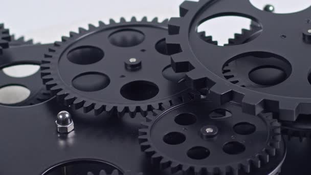 Vintage Working Black Gear Mechanism Moving Close Shot — Stock Video