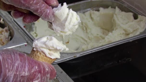 Ice Cream Shop Ordered Fresh Real White Ice Cream Cone — Wideo stockowe