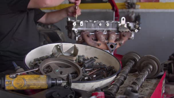 Assembling Parts Overhauled Car Engine Repair Shop — Stock Video