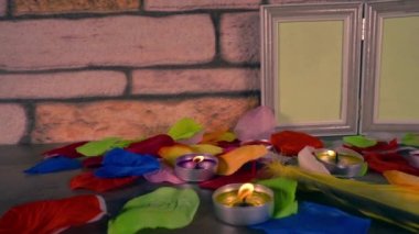 Blank Photo Picture Frame And Romantic Burning Candles and Leaves Footage.