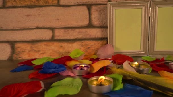 Blank Photo Picture Frame Romantic Burning Candles Leaves Footage — Video Stock