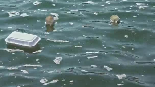 青い海の水質汚濁映像に投げかけるプラスチックカップと食器 — ストック動画