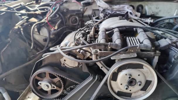 Piezas Detalle Interior Del Motor Parte Delantera Del Coche Taller — Vídeos de Stock