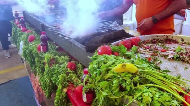 Tradiční Turecký Shish Kebab Vaří Grilování Záběry — Stock video