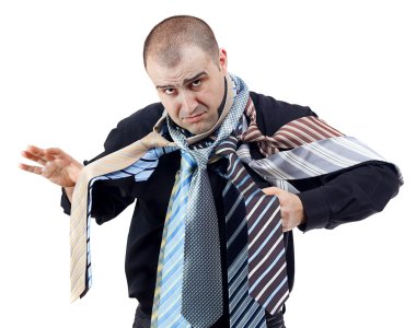 Angry man choosing the perfect necktie clipart