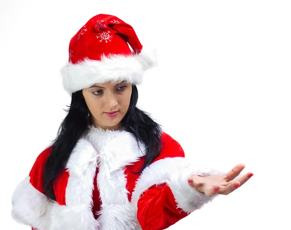 Santa Claus woman advertising with open hand — Stock Photo, Image