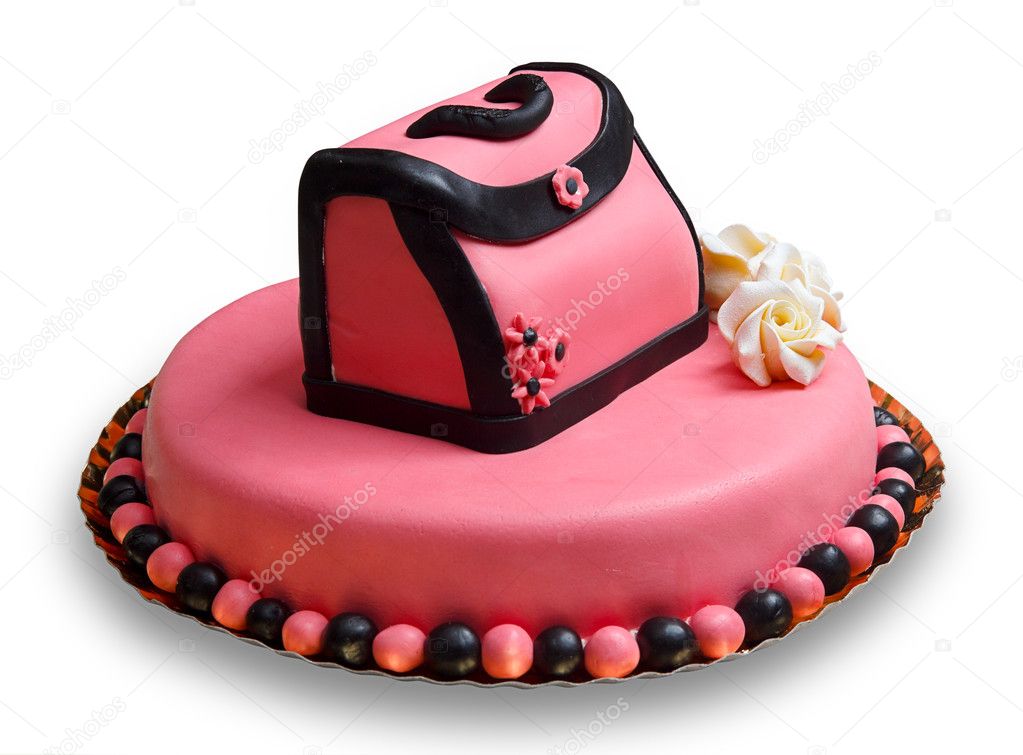 Birthday cake with pink frosting,decorated with a woman handbag