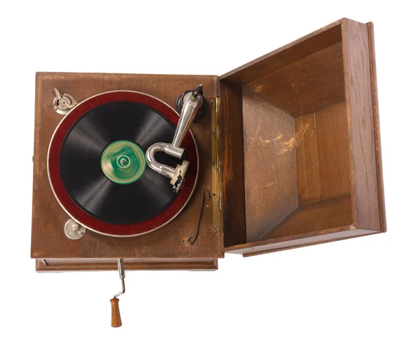 Beyaz arka plan eski ahşap gramofon Üstten Görünüm — Stok fotoğraf