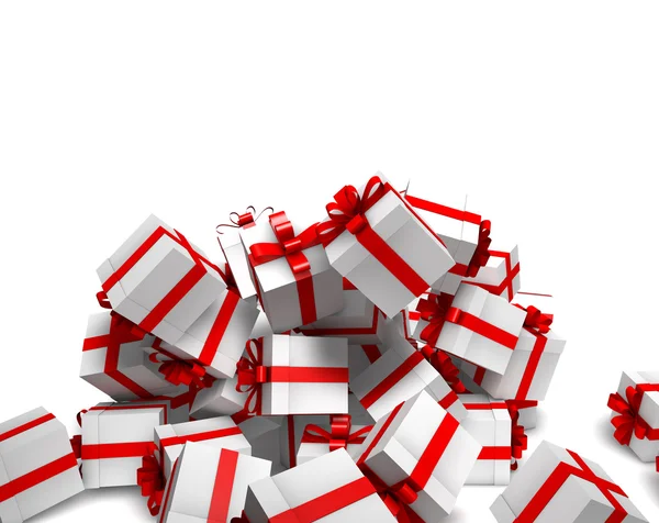 Falling white gift boxes with red ribbon — Stock Photo, Image