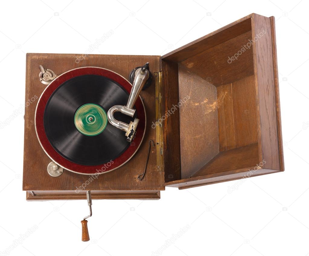 Top view of old wooden gramophone against white background