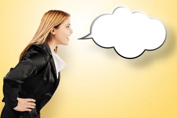 Smiling elegant woman speaking in speech balloon — Stock Photo, Image