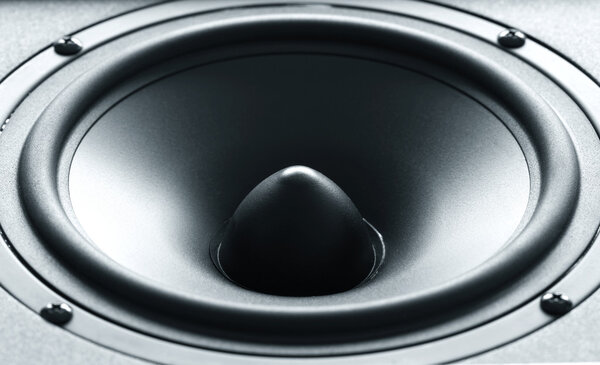 Closeup view of huge black bass speaker with high quality membrane