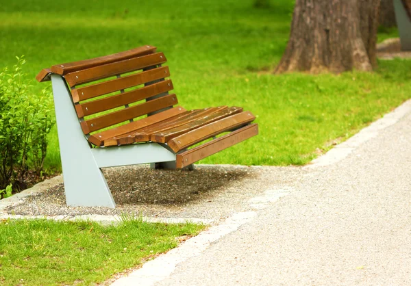 Деревянная скамейка в тихом парке — стоковое фото