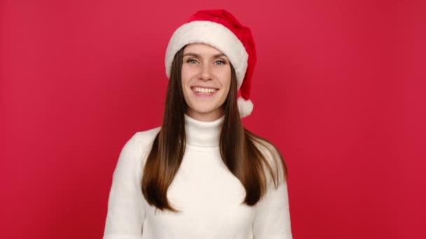 Portrait Secret Millennial Lady White Cozy Sweater Santa Christmas Hat — Stock Video